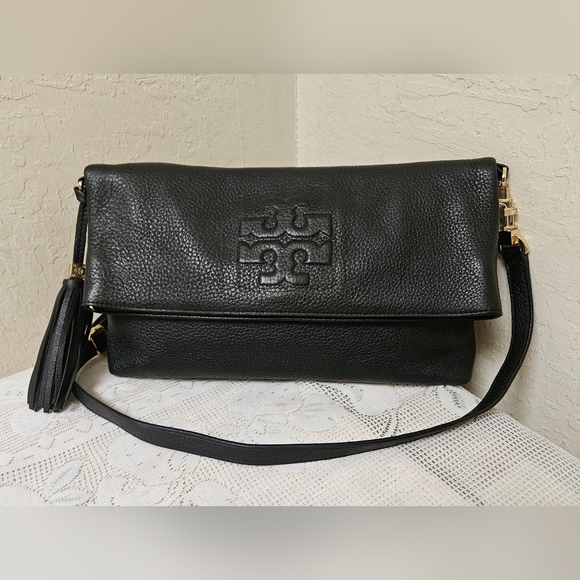 Tory Burch Handbags - Tory Burch Black Leather Fold Over Clutch Shoulder Crossbody Bag